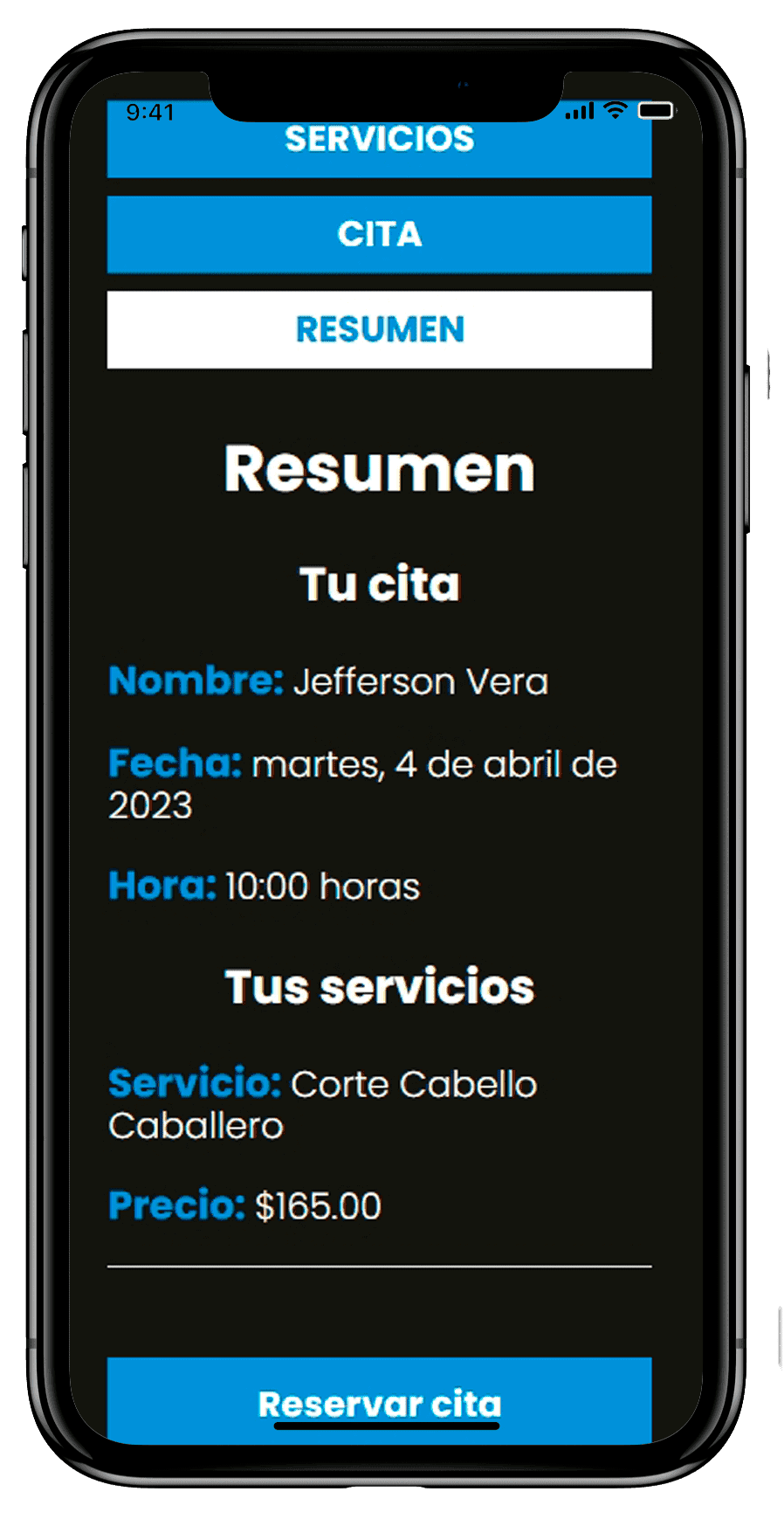 Proyecto Barber Club en un teléfono