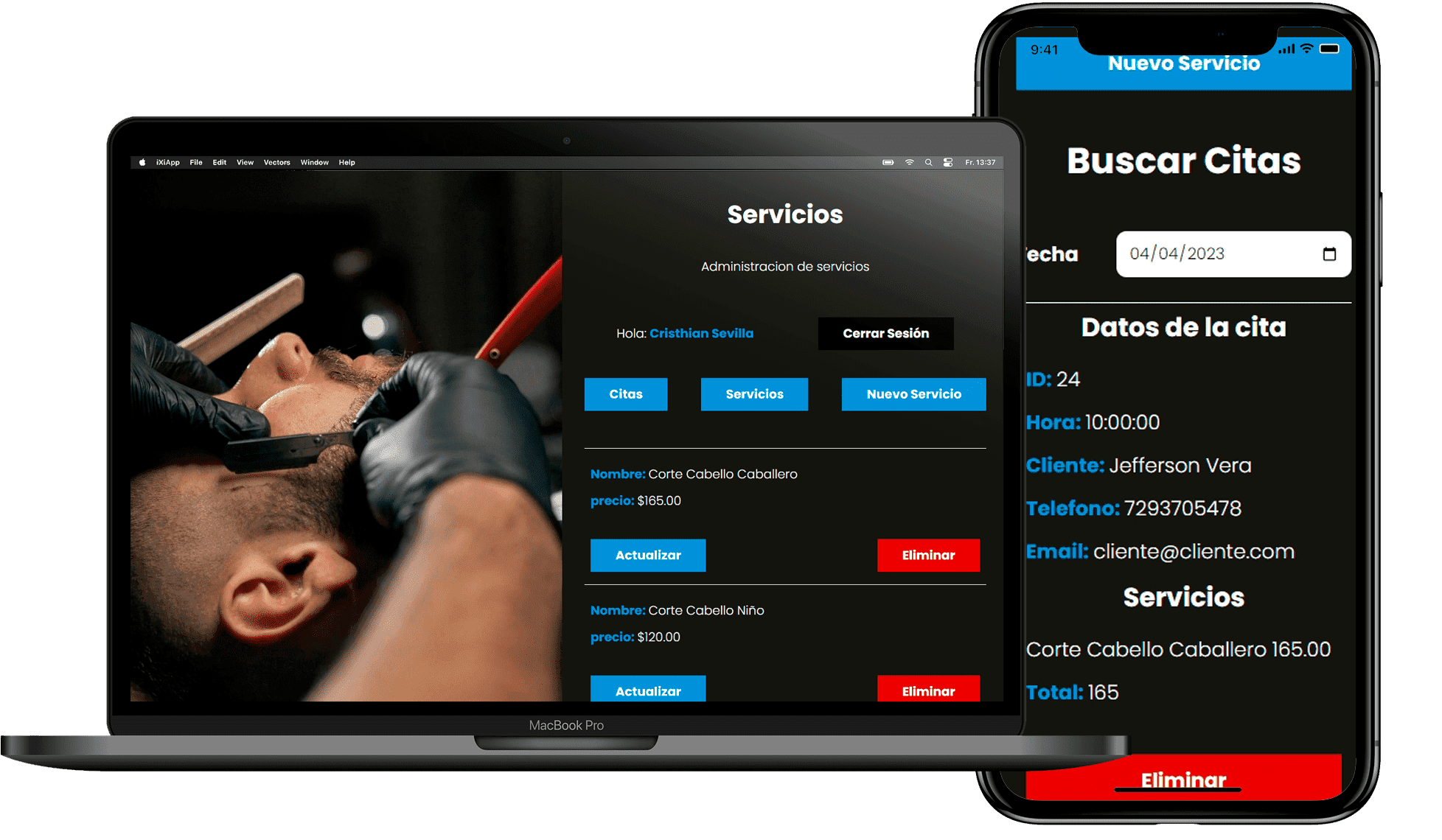 Proyecto Barber Club  en una MacBook y Iphone